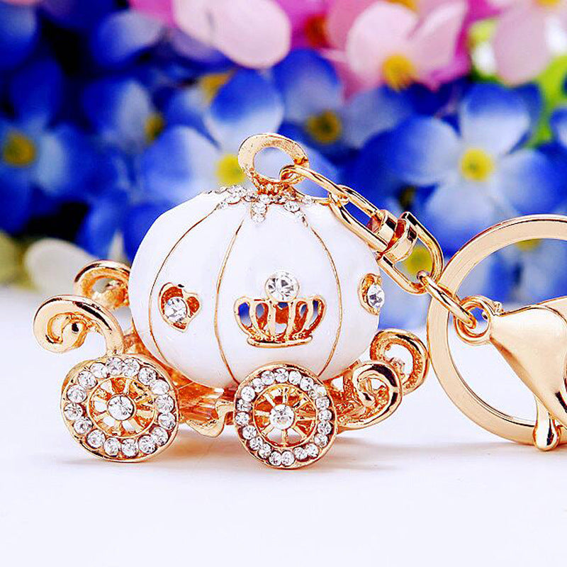 Wholesale Metal Rhinestone Pumpkin Carriage Keychain Bag Charm Pink Car Key Accessory Decorative Gift