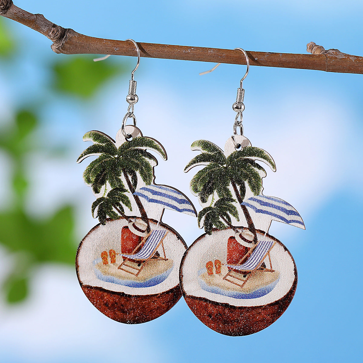 Wholesale New Holiday Style Colorful Tropical Palm Tree Coconut Tree Sun Acrylic Pendant Earrings Beach Earrings