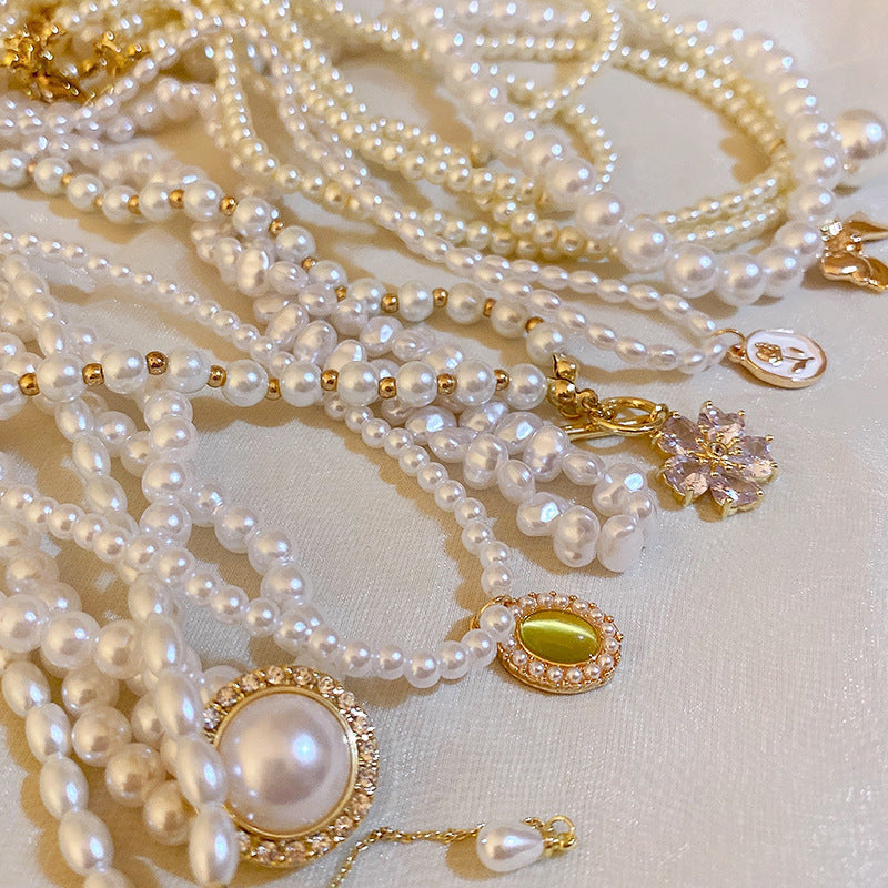 Wholesale French Vintage Pearl Flower Love Necklace Clavicle Chain