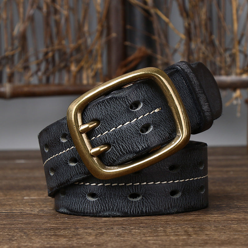 Wholesale Retro Trendy Distressed Double Pin Buckle Genuine Leather Belt