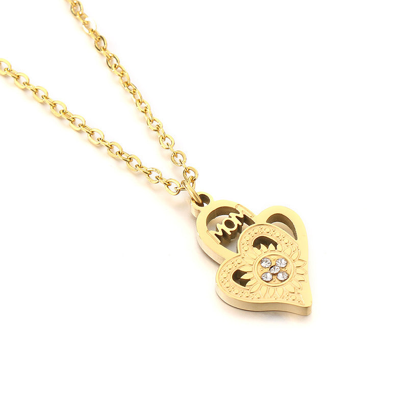 Wholesale Mother' s Day Diamond studded Hollow Moon Love Stainless Steel Necklace