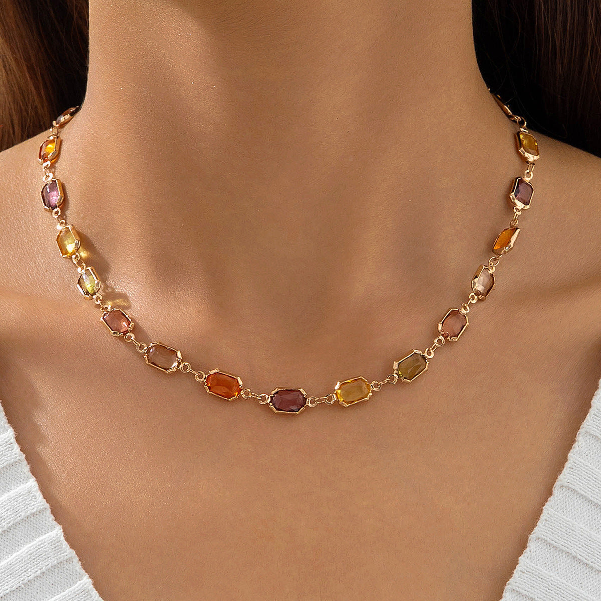 Wholesale Colorful crystal metal clavicle necklace with Y-shaped chain layering