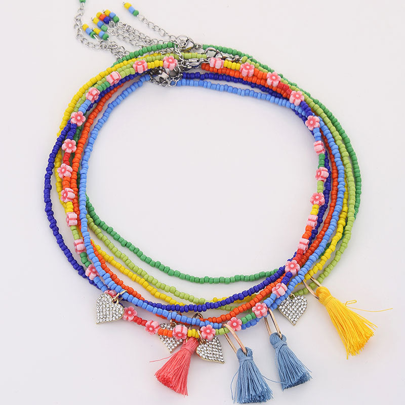 Wholesale Gut Handwoven Glass Beads Tassel Necklace Fashion Stacked Wearing Style Clavicle Chain