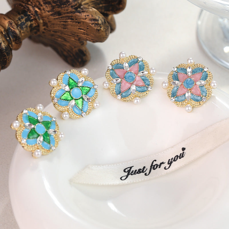 Wholesale New Chinese Retro Tile Geometric Square Color Oil Drop Inlaid Pearl Silver Needle Alloy Earrings