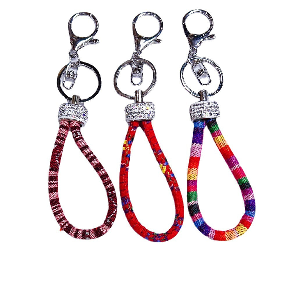 Wholesale Metal Colorful Ethnic Style Cotton Rope Diamond Keychain Lanyard