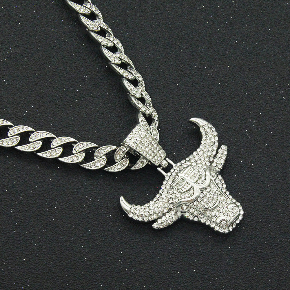 Wholesale Hip-Hop 3D Diamond Bull Head Necklace