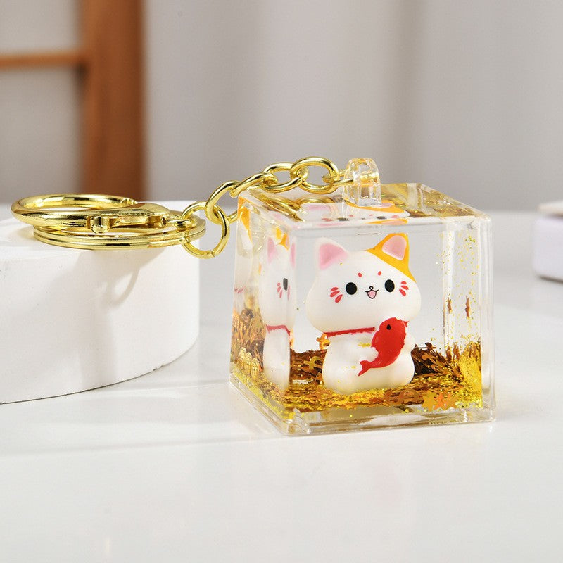 Wholesale Acrylic Golden Flowing Sand Lucky Cat Creative Keychain