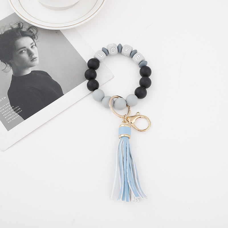 Wholesale 10PCS Silicone Bead Bracelets with Tassel Wood Beads Keychains