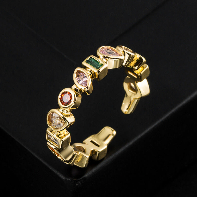 Wholesale Copper 18K Gold Color Zircon Geometric Shape Opening Ring High-end Personality Jewelry