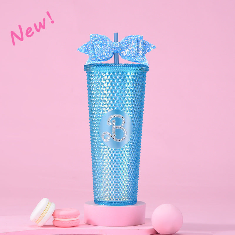 Wholesale Double-layer Plastic 710ml Large Capacity Straw Cup with Glitter Bow Tie Hand Cup Durian Cup