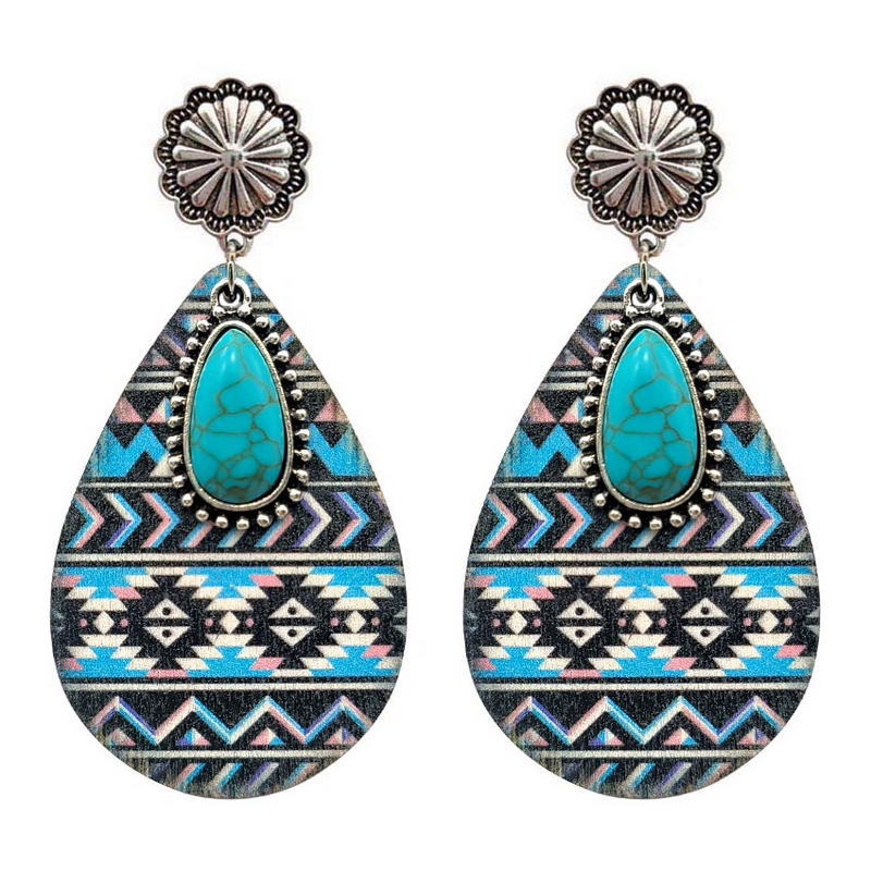 Wholesale Ethnic Turquoise Western Style Aztec Leather Drop Earrings