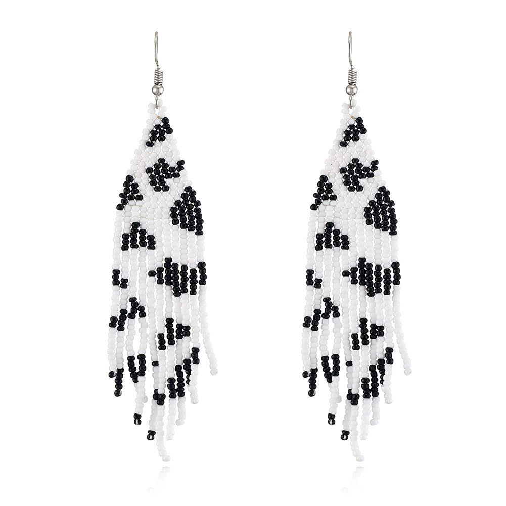 Wholesale Bohemian Handwoven Cow Pattern Long Tassel Rice Bead Earrings