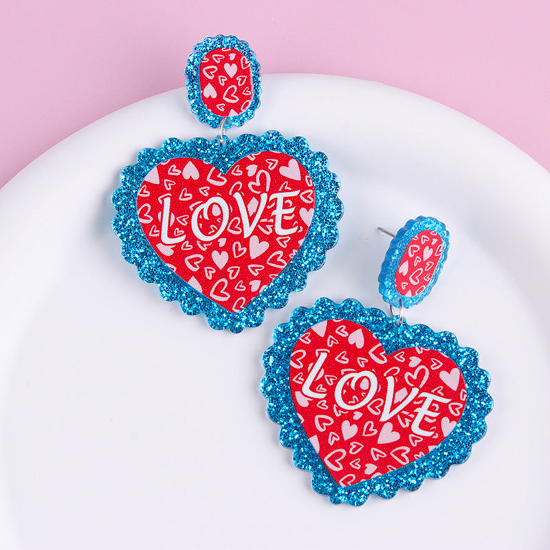 Wholesale Valentine' s Day Heart-shaped LOVE Acrylic Glitter Earrings