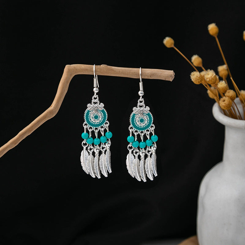 Wholesale Ethnic Style Long Style Feather Tassel Alloy Earrings