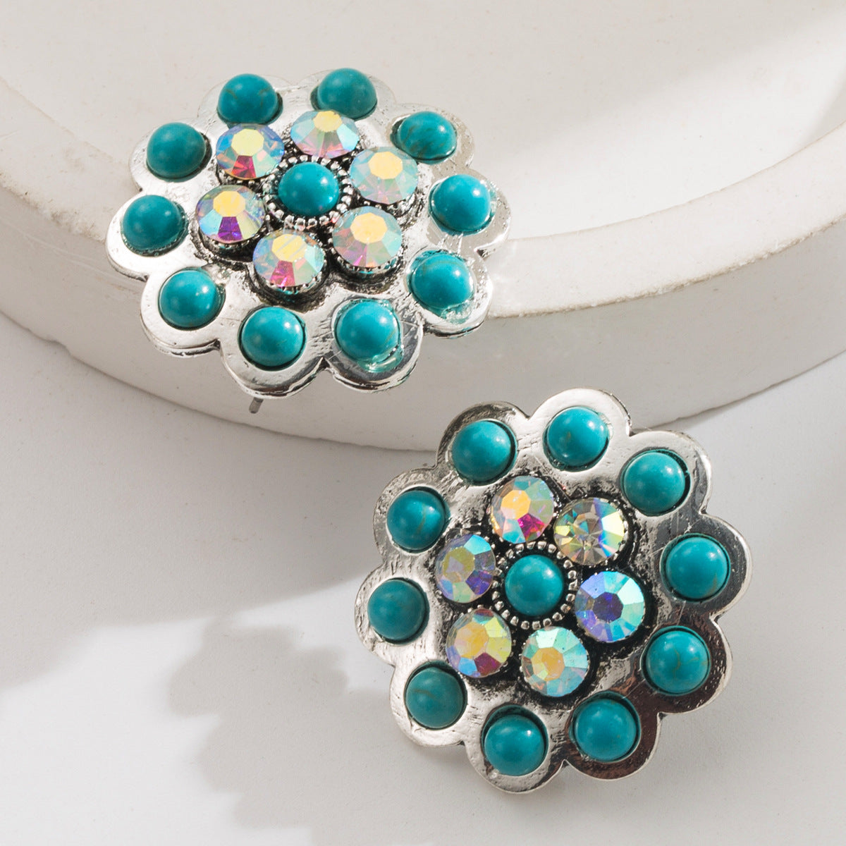 Wholesale Western style turquoise earrings vintage diamond turquoise flower earrings