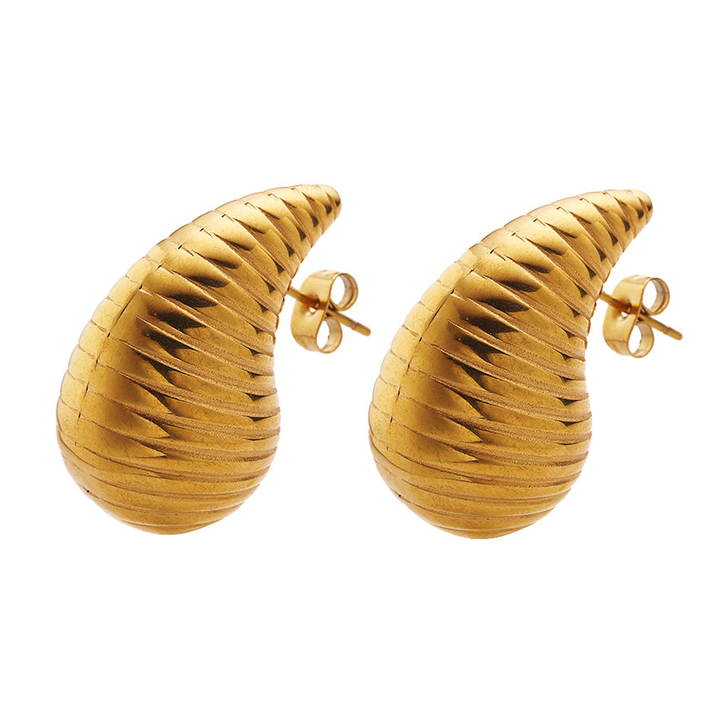 Wholesale Stainless Steel Electroplated Stripes Gold Glossy Water Drop Earrings