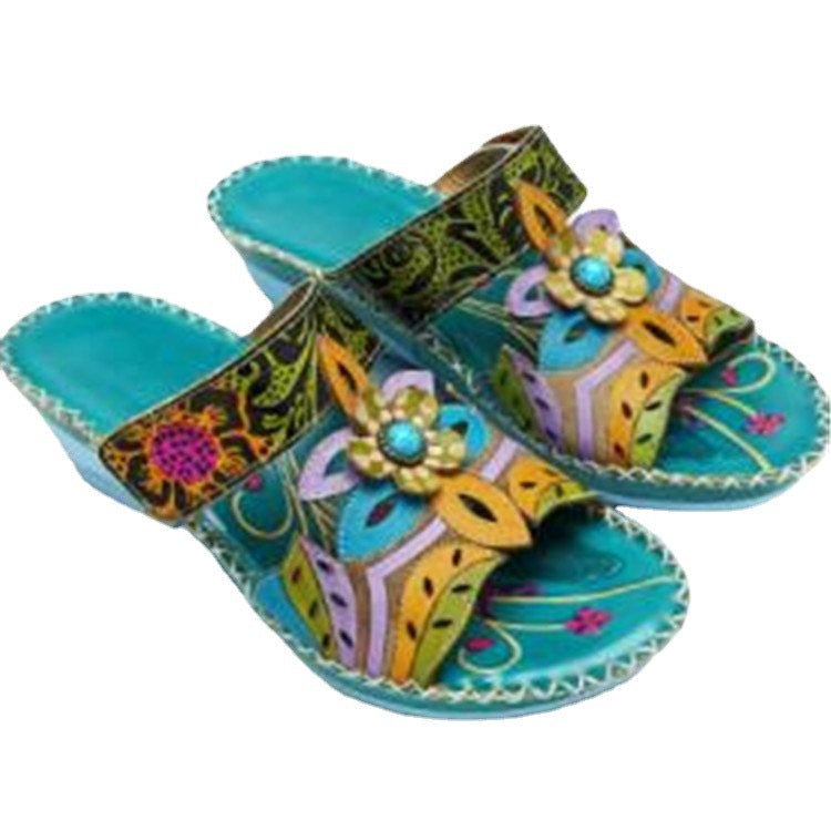 Wholesale Ethnic Style Summer Color Matching Wedge Heel Totem Sandals