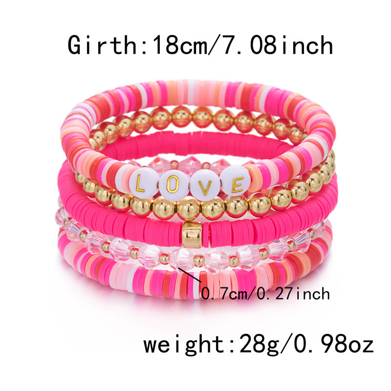 Wholesale Love Soft Ceramic Valentine' s Day Pink Letter  Layered Bracelet Set