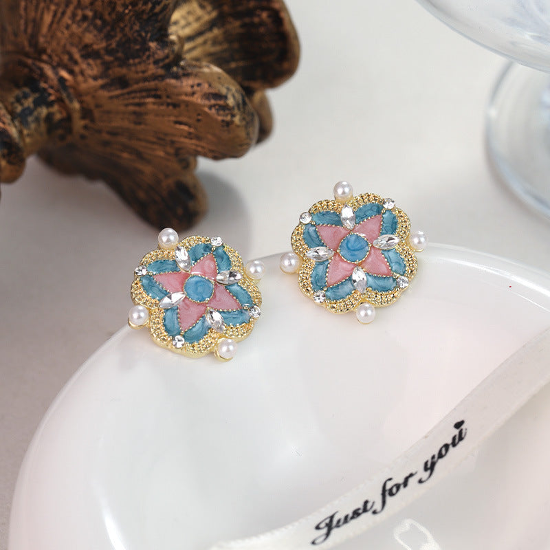 Wholesale New Chinese Retro Tile Geometric Square Color Oil Drop Inlaid Pearl Silver Needle Alloy Earrings