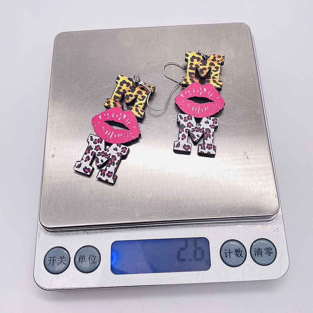 Wholesale Mother's Day MOM Leopard Pink Lip Print Wooden Earrings
