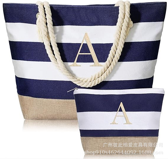Wholesale Letter Canvas Striped Beach Handbag Zipper Multi-pocket Tote Bag