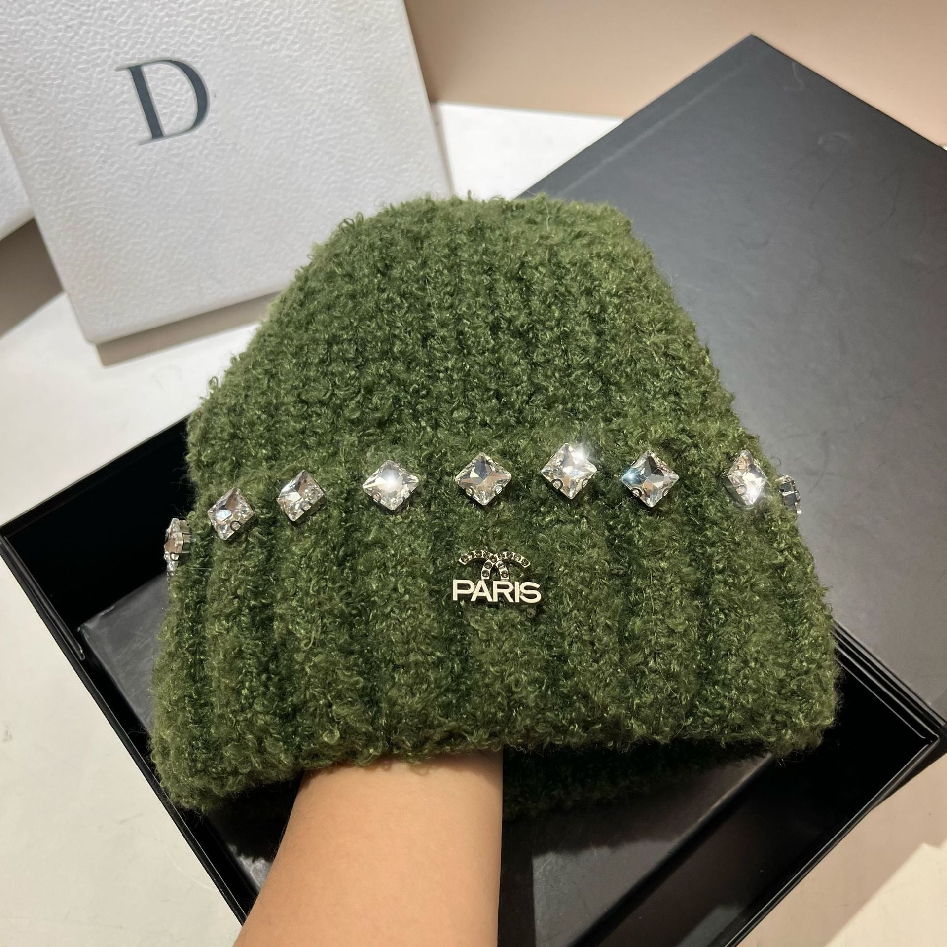 Wholesale Thick Warm Teddy Curl Cute Rhinestone Knitted Hat