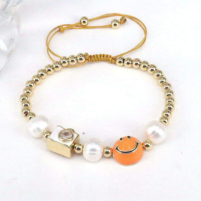 Wholesale Colorful Drops Oil Smile Zircon Freshwater Pearl Round Bead Braided Copper Bracelet