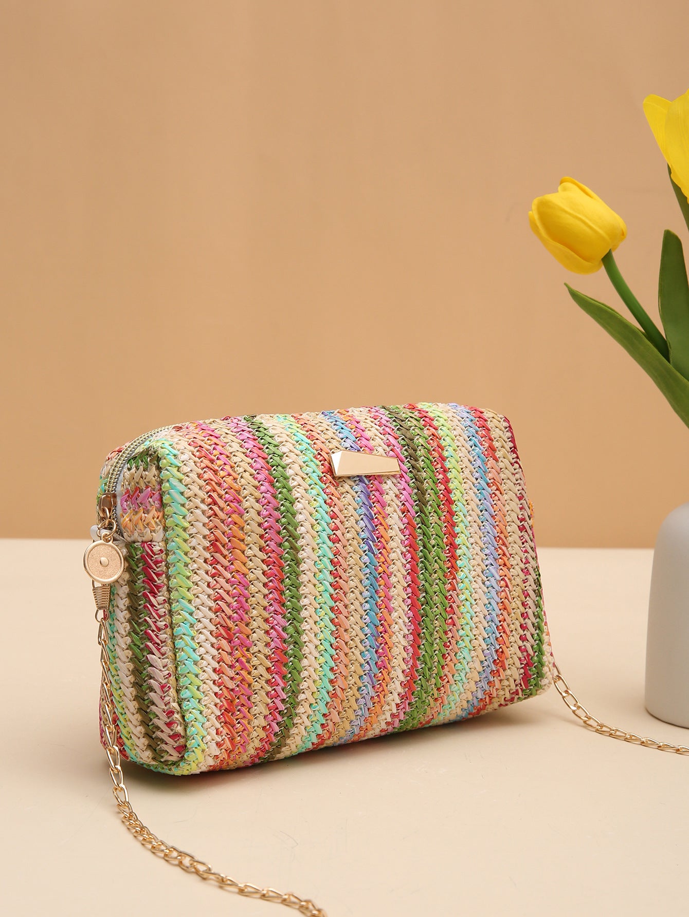 Wholesale Rainbow Straw Woven Camera Bag Crossbody Chain Bag
