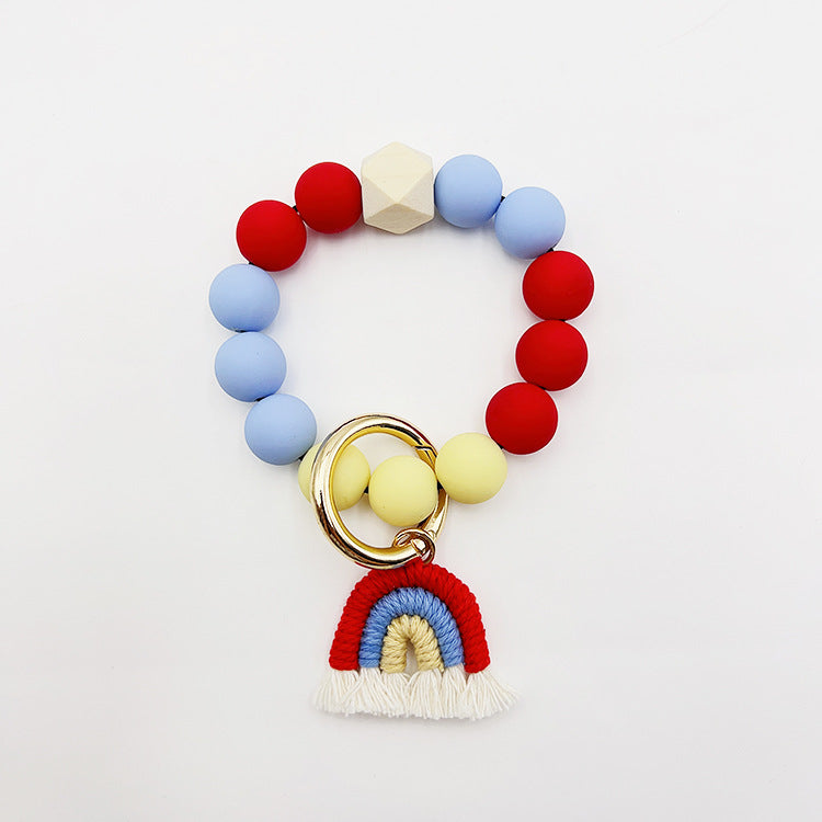 Wholesale Candy Color Silicone Beaded Rainbow Handwoven Tassel Wrist Keychain