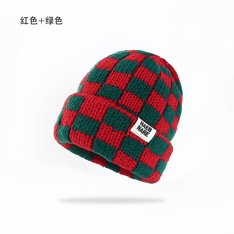 Wholesale Checkerboard plaid knitted hat women' s autumn and winter face-revealing small warm hat