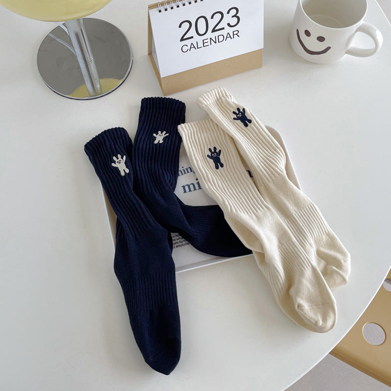 Wholesale Autumn and Winter Striped Embroidered Bunny Trendy Versatile Mid Length Socks