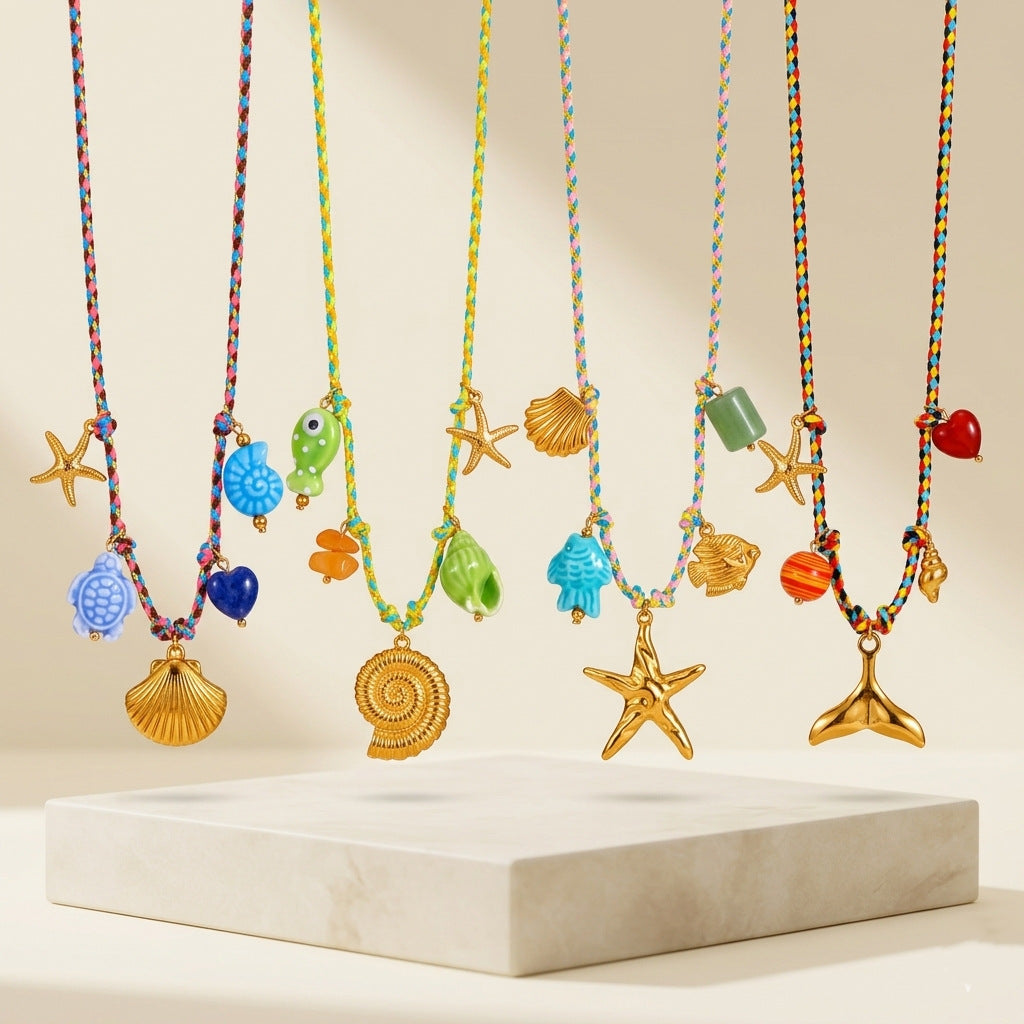 Wholesale Ocean Series Natural Stone Pendant Colorful Braided Necklace Titanium Steel Pendant