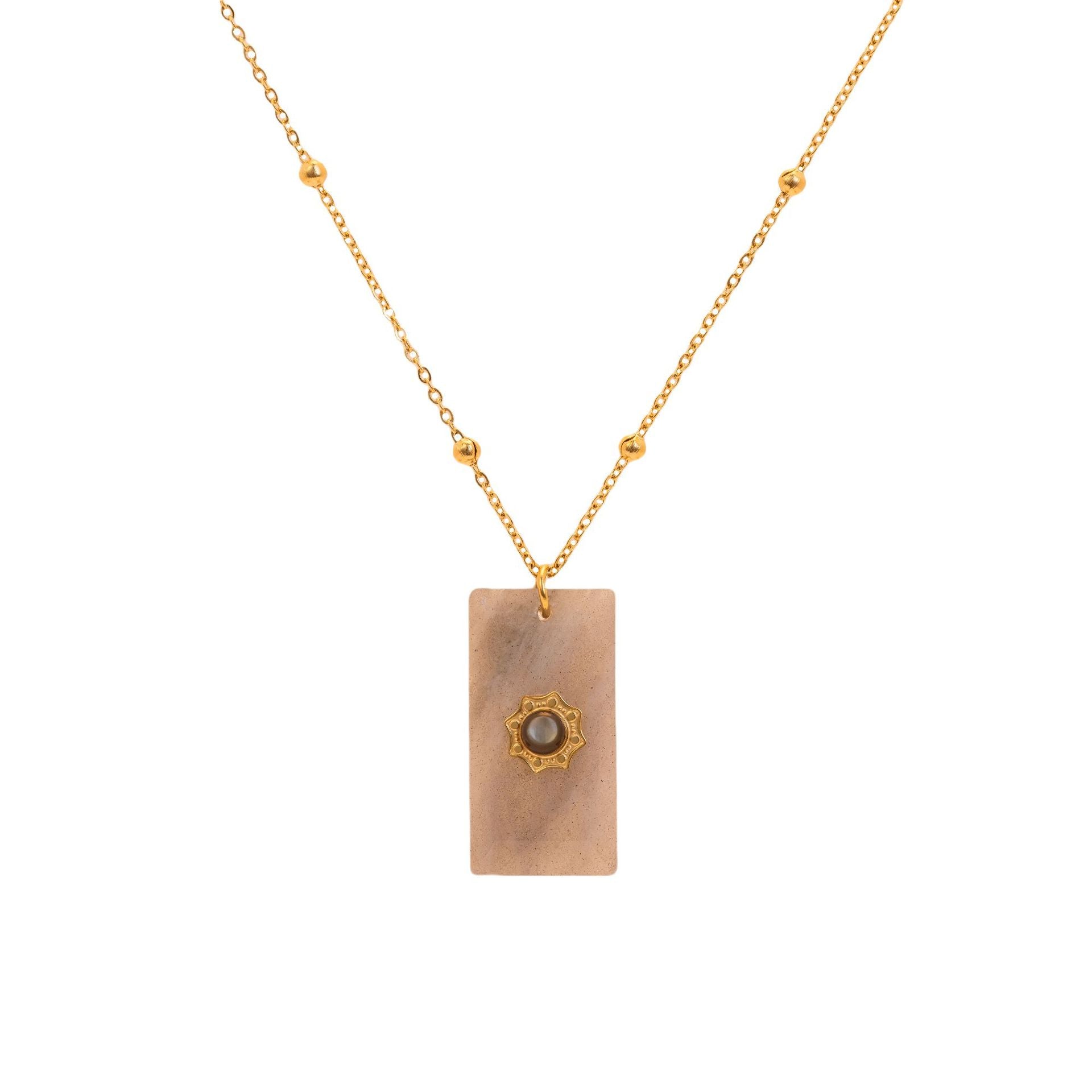 Wholesale retro square natural stone pendant titanium steel necklace