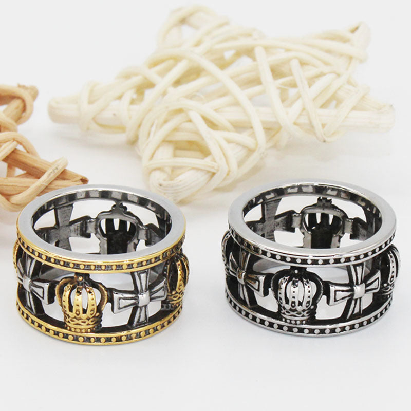 Wholesale Vintage crown cross ring two-tone titanium steel ring simple