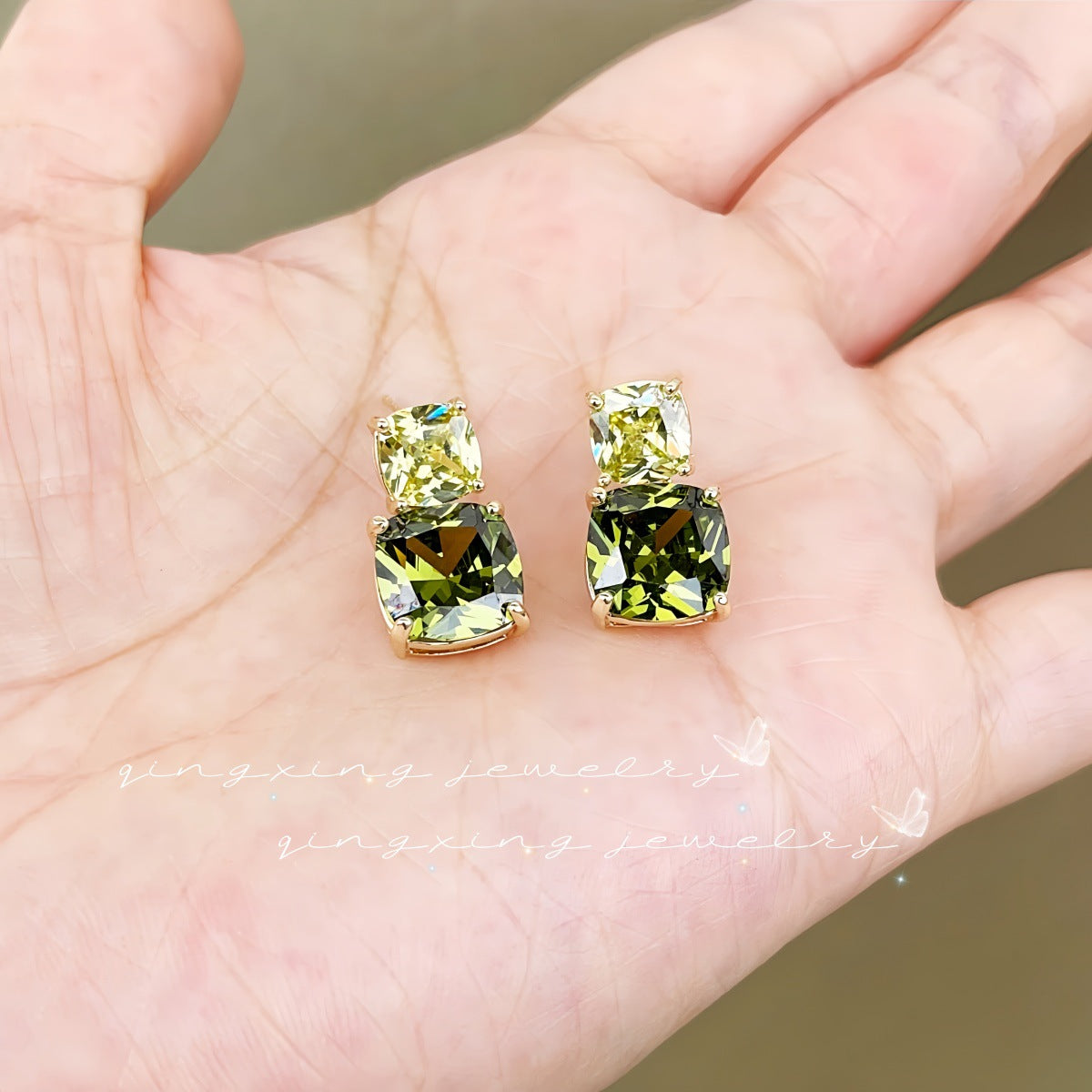Wholesale Olive Green Zircon Exquisite Square Stud Earrings