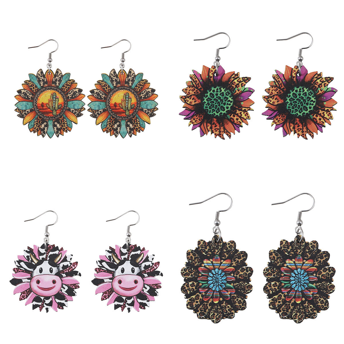 Wholesale Wooden Western Style Leopard Sunflower Cactus Drop Earrings Double Sided Printed Fashion Accessory Party Gift