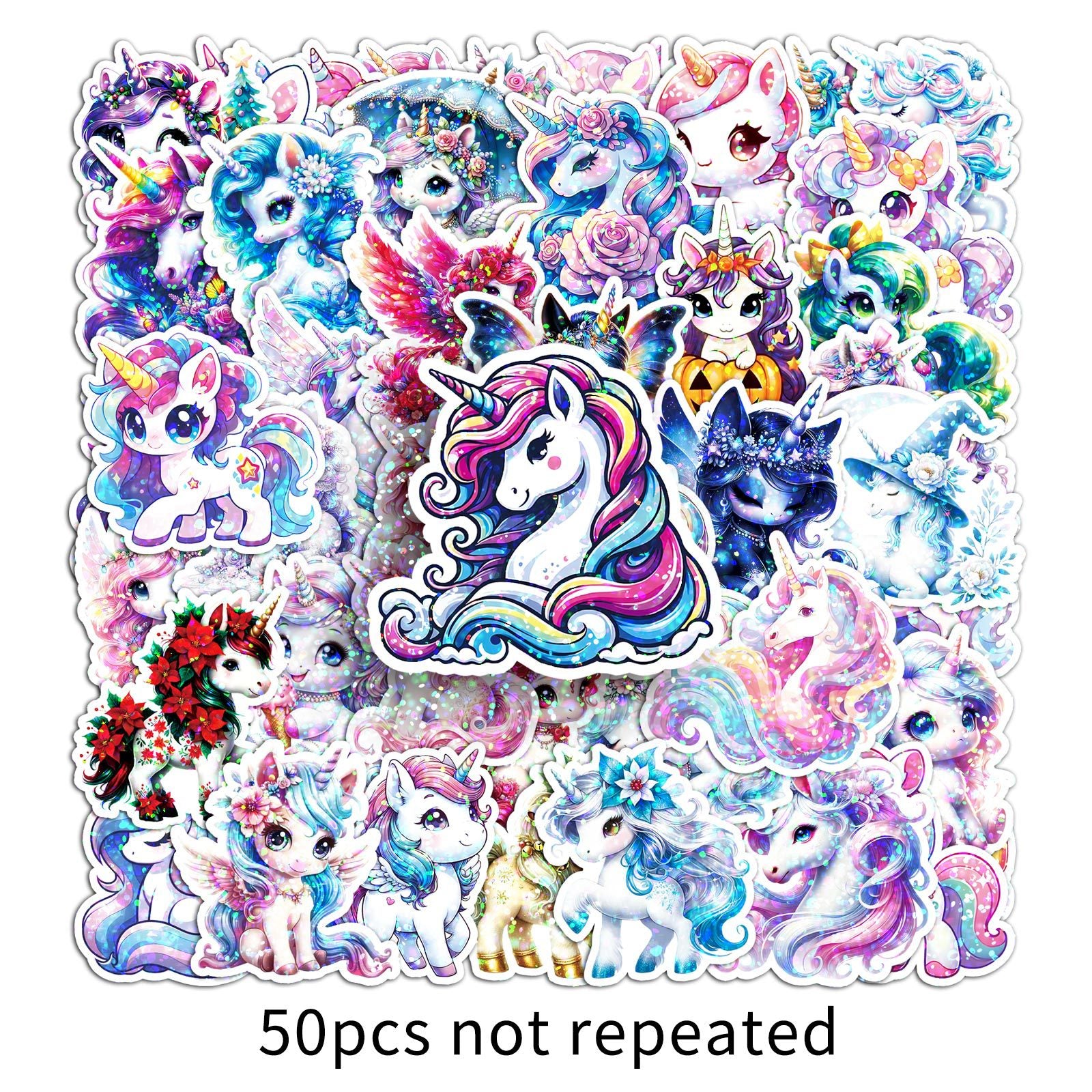Wholesale 50pcs/ pack Glitter Laser Rainbow Horse Unicorn Stickers