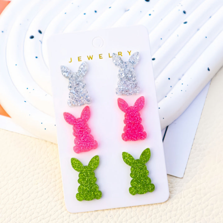 Wholesale Easter Bunny Set of Three Pair of Multicolor Rainbow Girls' Heart Cute Acrylic Earrings