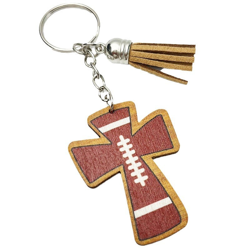 Wholesale 2pcs Football Basketball Faith Cross Wooden Vintage Keychain