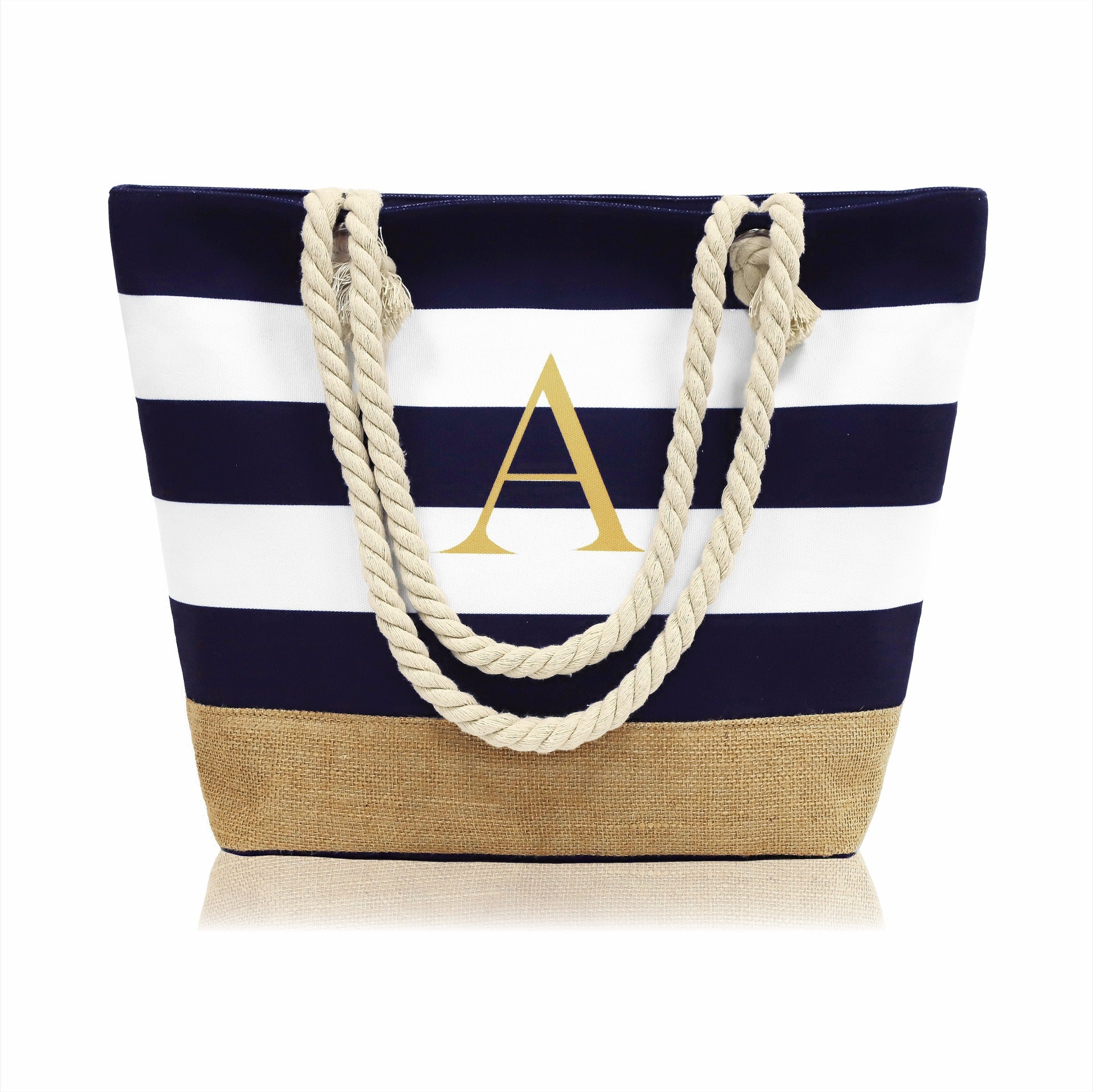 Wholesale Letter Canvas Striped Beach Handbag Zipper Multi-pocket Tote Bag