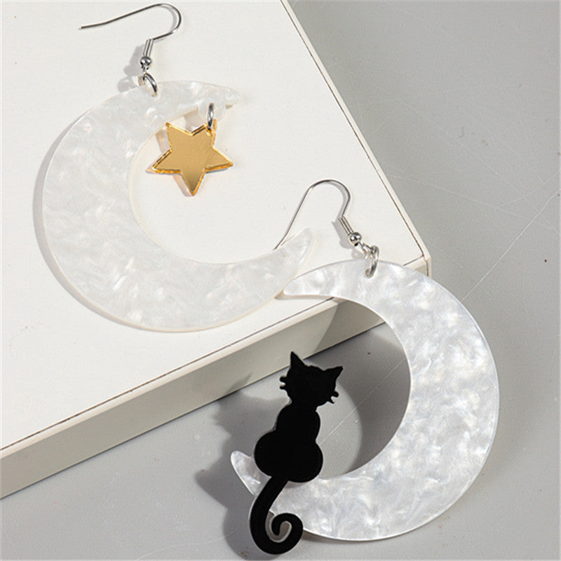 Wholesale Asymmetric Acrylic Moon Cat Creative Exaggerated Earrings