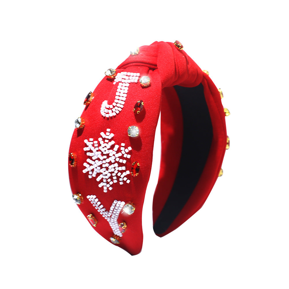 Wholesale Christmas Snowflake Rice Beads Rhinestone Wide Brim Fabric Headband