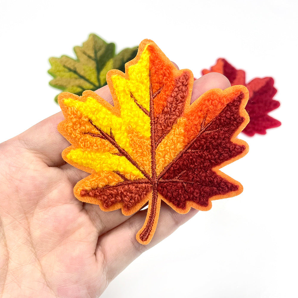 Wholesale Autumn Maple Leaf 7Cm Chenille Towel Embroidered Patch Iron On Applique For Shoes Hats DIY Fashion Accessory