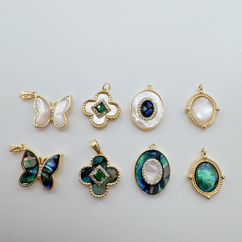 Wholesale 18K Gold Plated Copper Natural White Abalone Butterfly Four Leaf Flower Vintage Oval Pendant