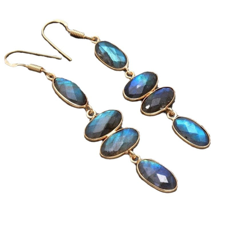 Wholesale Vintage Handmade Diamond-studded Long Style Gold Long Oval Blue Diamond Personality Earrings