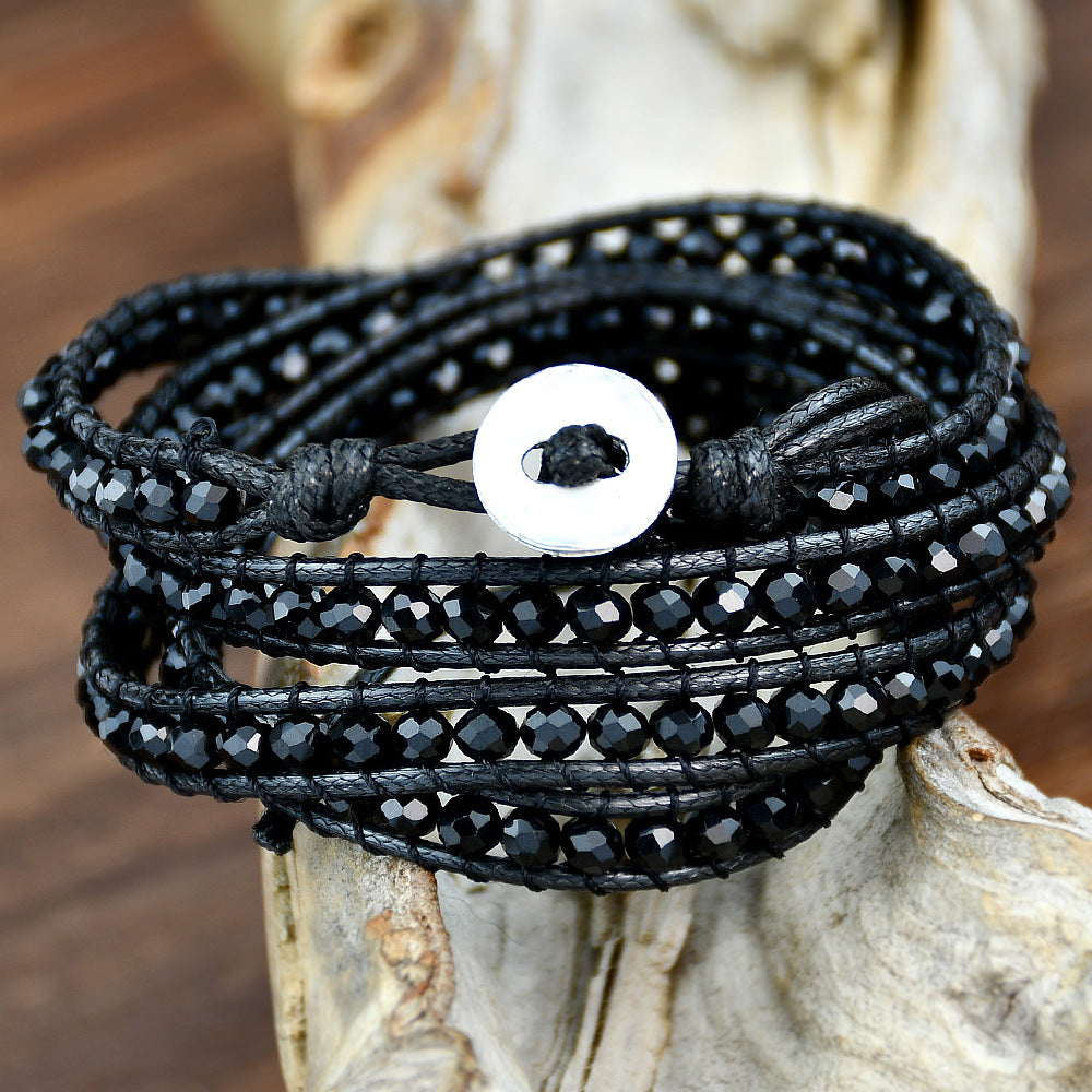 Brazalete ajustable de múltiples capas de cristal múltiple tejido tejido de mano negro al por mayor