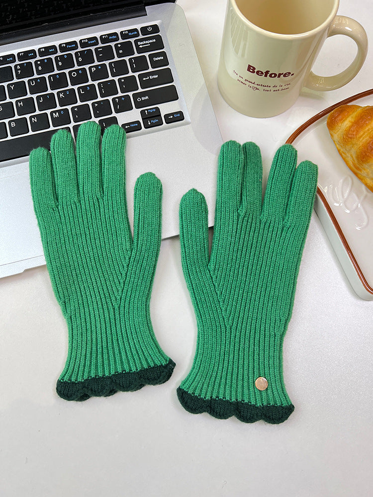 Wholesale Winter Warm Knitted Five-finger Touch Screen Lace Contrasting Color Woolen Gloves