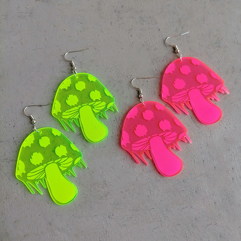 Wholesale 2 Pairs/pack Trendy Mushroom Fluorescent Green and Pink Party Bounce Diyarikli Earrings