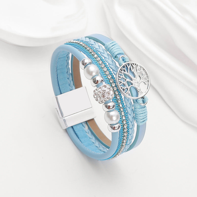 Wholesale Ethnic style imitation pearl diamond ball magnetic clasp woven bracelet