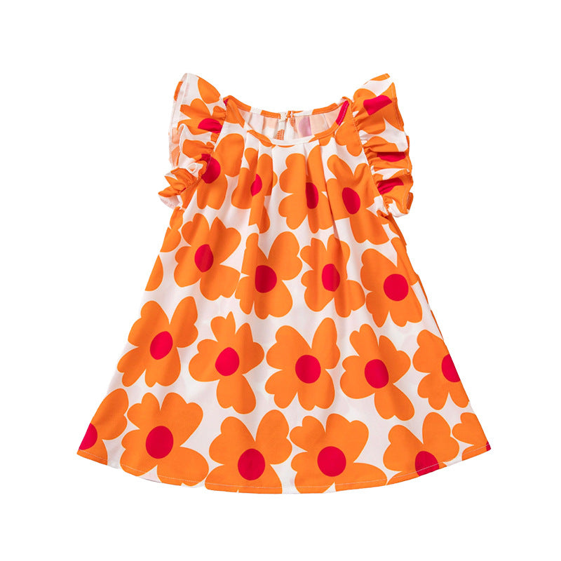 Wholesale Chic Summer Girls A Line Dress With Sunflower Print Flutter Sleeves Polyester Casual Everyday Wear